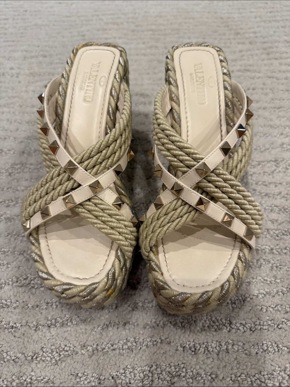 Valentino Garavani Cream Braided Rope Rockstud Mule Sandals